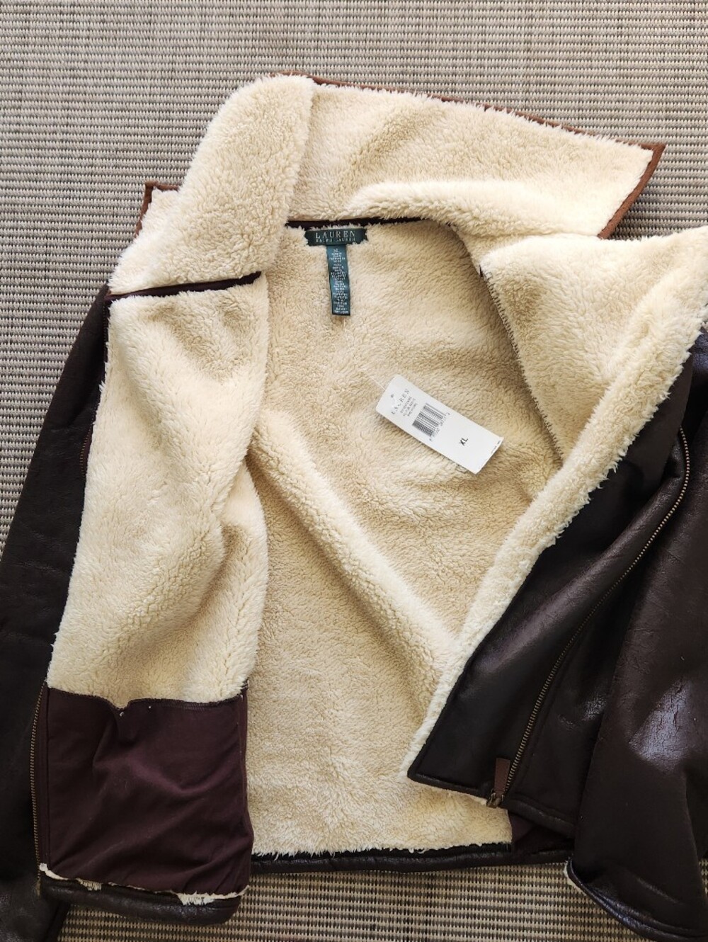 NWT Lauren Ralph Lauren Faux Shearling Aviator Jacket Brown XL Moto Sherpa - Picture 2 of 9